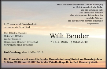 Traueranzeige von Willi Bender von  Camberger Anzeiger