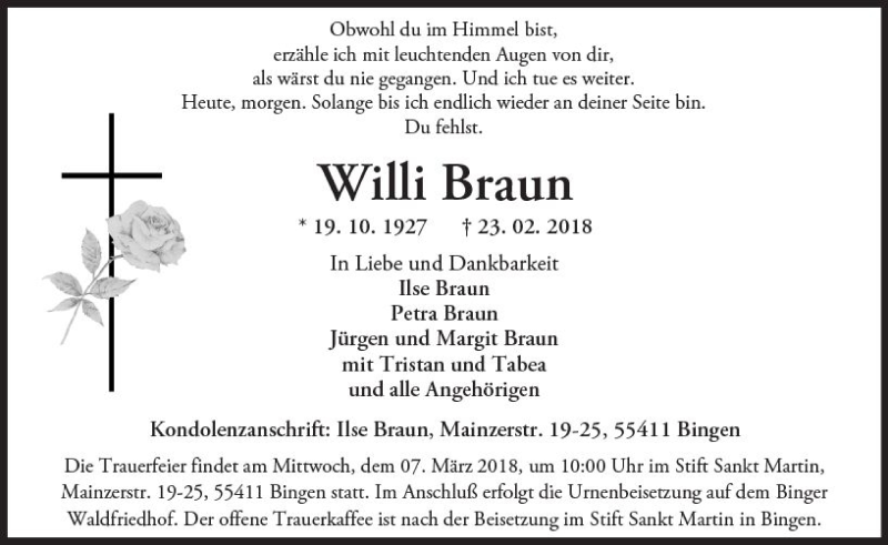  Traueranzeige für Willi Braun vom 03.03.2018 aus Trauerportal Rhein Main Presse