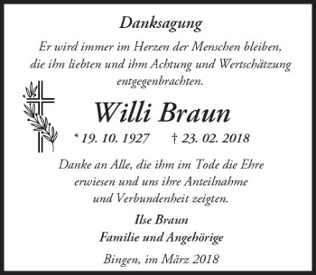 Traueranzeige von Willi Braun von Trauerportal Rhein Main Presse