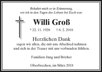 Traueranzeige von Willi Groß von  Camberger Anzeiger