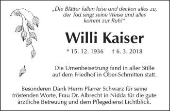 Traueranzeige von Willi Kaiser von  Kreisanzeiger