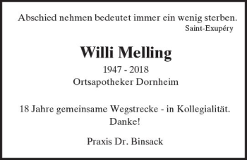 Traueranzeige von Willi Melling von Trauerportal Rhein Main Presse