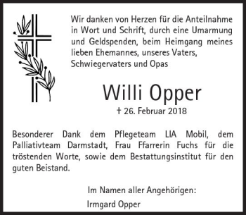 Traueranzeige von Willi Opper von Trauerportal Rhein Main Presse