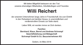 Traueranzeige von Willi Reichert von  Kreisanzeiger