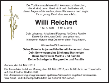 Traueranzeige von Willi Reichert von  Kreisanzeiger