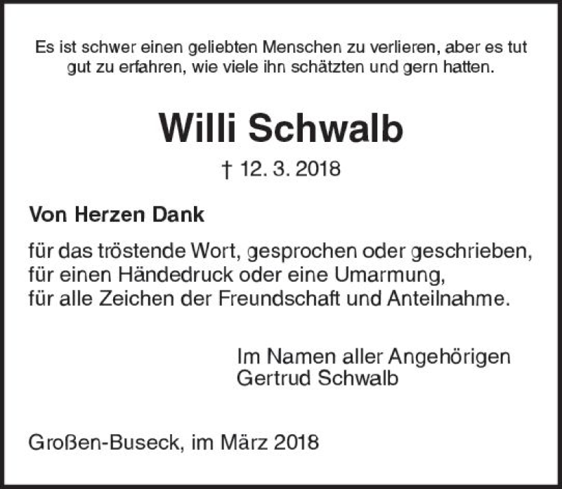  Traueranzeige für Willi Schwalb vom 31.03.2018 aus  Gießener Anzeiger