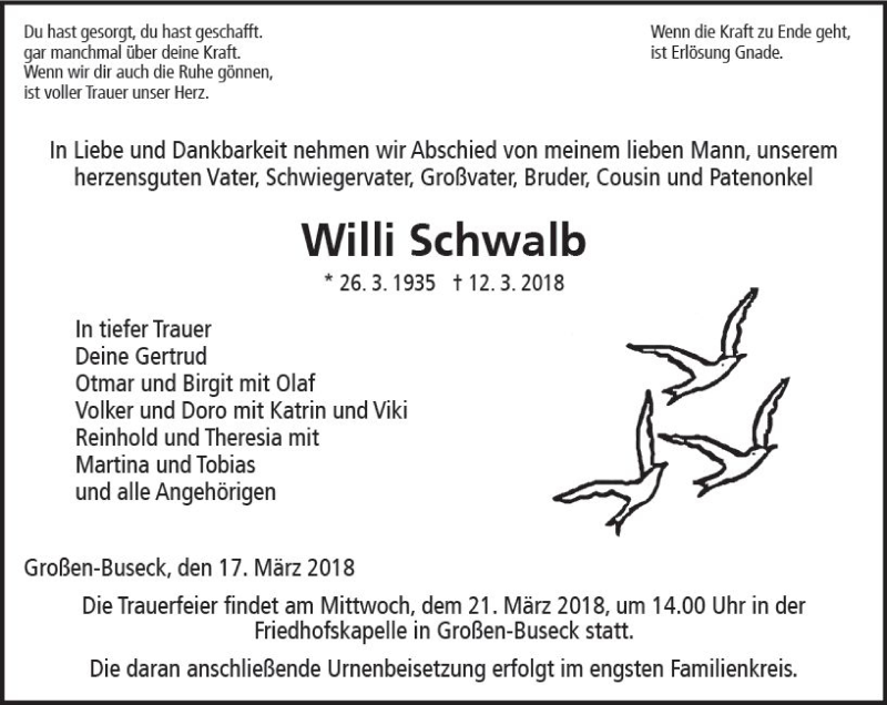  Traueranzeige für Willi Schwalb vom 17.03.2018 aus  Gießener Anzeiger