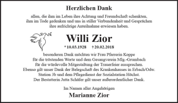 Traueranzeige von Willi Zior von Trauerportal Rhein Main Presse