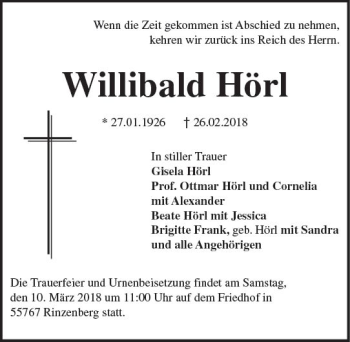 Traueranzeige von Willibald Hörl von Trauerportal Rhein Main Presse