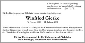 Traueranzeige von Winfried Gierke von  Usinger Anzeiger