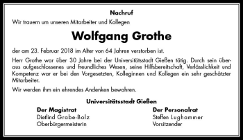 Traueranzeige von Wolfgang Grothe von  Gießener Anzeiger