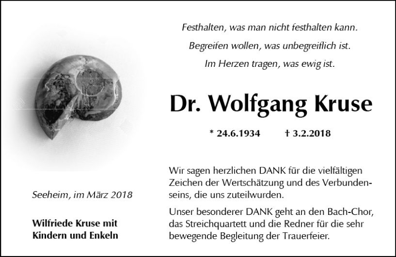 Traueranzeige für Wolfgang Kruse vom 31.03.2018 aus Trauerportal Rhein Main Presse
