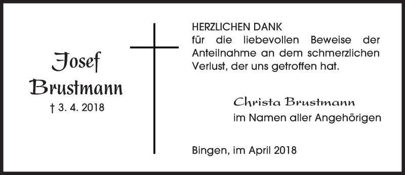 Traueranzeige für Josef Brustmann vom 28.04.2018 aus Trauerportal Rhein Main Presse