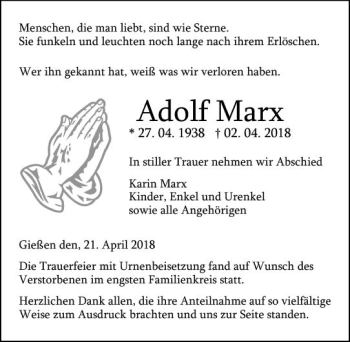Traueranzeige von Adolf Marx von  Gießener Anzeiger