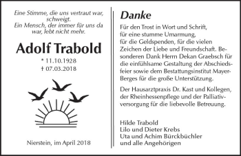 Traueranzeige von Adolf Trabold von Trauerportal Rhein Main Presse