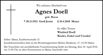 Traueranzeige von Agnes Doell von Trauerportal Rhein Main Presse