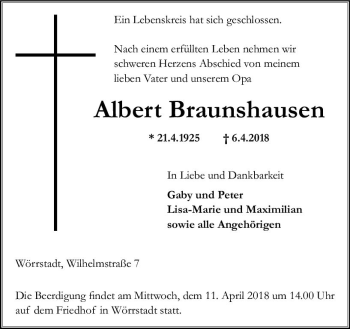 Traueranzeige von Albert Braunshausen von Trauerportal Rhein Main Presse