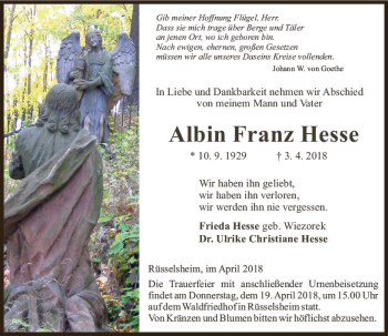 Traueranzeige von Albin Franz Hesse von Trauerportal Rhein Main Presse
