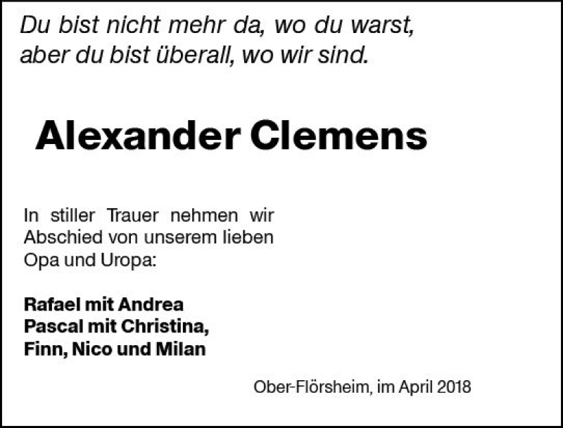  Traueranzeige für Alexander Clemens vom 30.04.2018 aus Trauerportal Rhein Main Presse