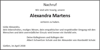 Traueranzeige von Alexandra Martens von  Gießener Anzeiger