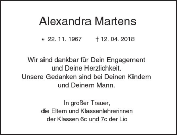 Traueranzeige von Alexandra Martens von  Gießener Anzeiger