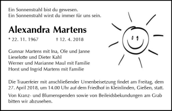 Traueranzeige von Alexandra Martens von  Gießener Anzeiger