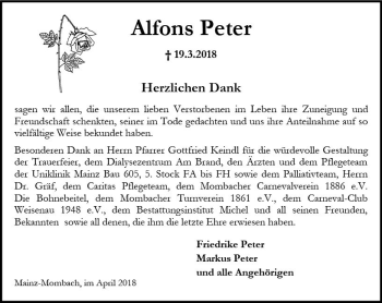 Traueranzeige von Alfons Peter von Trauerportal Rhein Main Presse