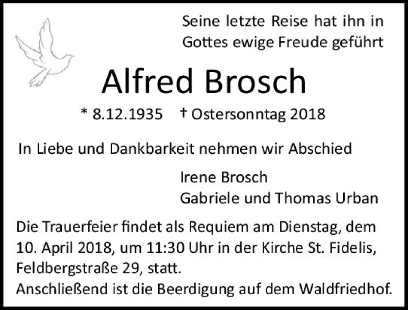  Traueranzeige für Alfred Brosche vom 07.04.2018 aus Trauerportal Rhein Main Presse