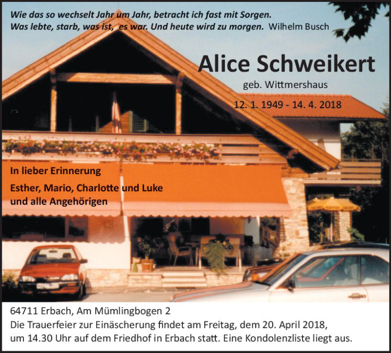  Traueranzeige für Alice  Schweikert vom 18.04.2018 aus Trauerportal Rhein Main Presse