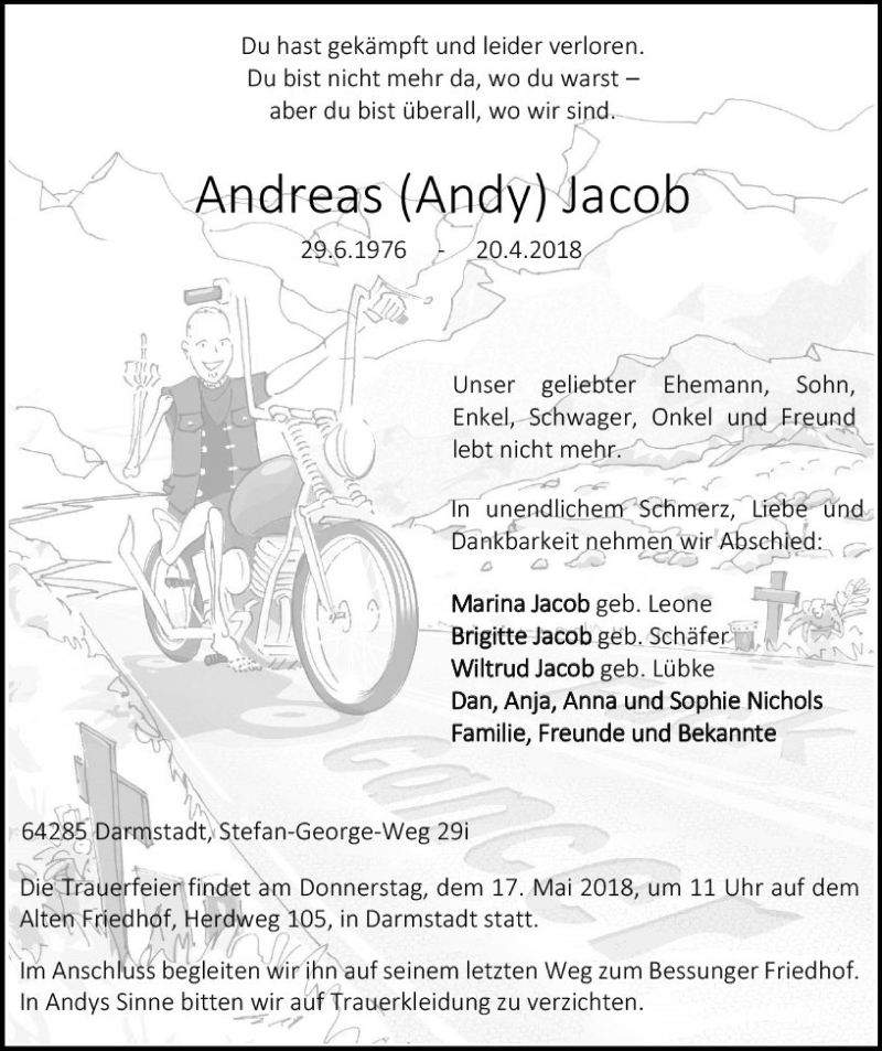 Traueranzeige für Andreas Jacob vom 28.04.2018 aus Trauerportal Rhein Main Presse