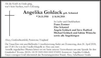 Traueranzeige von Angelika Goldack von Trauerportal Rhein Main Presse