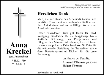Traueranzeige von Anna Kreckel von Trauerportal Rhein Main Presse