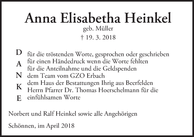  Traueranzeige für Anna Elisabetha Heinkel vom 21.04.2018 aus Trauerportal Rhein Main Presse