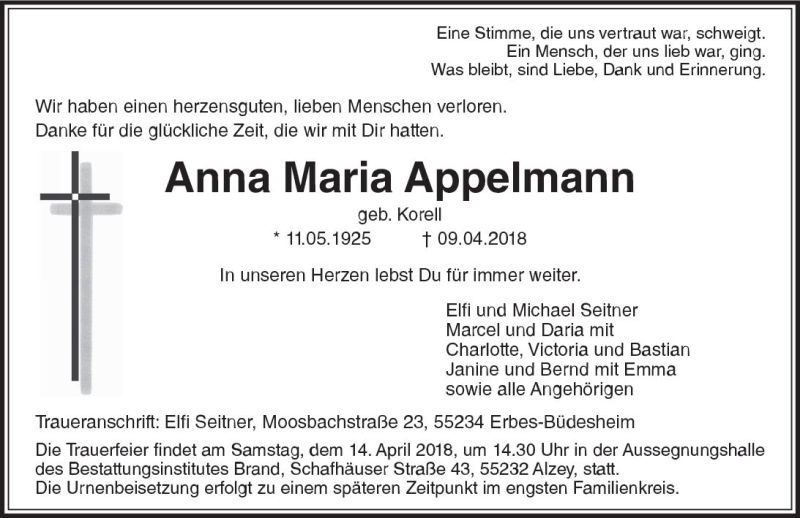  Traueranzeige für Anna Maria Appelmann vom 11.04.2018 aus Trauerportal Rhein Main Presse