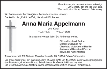 Traueranzeige von Anna Maria Appelmann von Trauerportal Rhein Main Presse