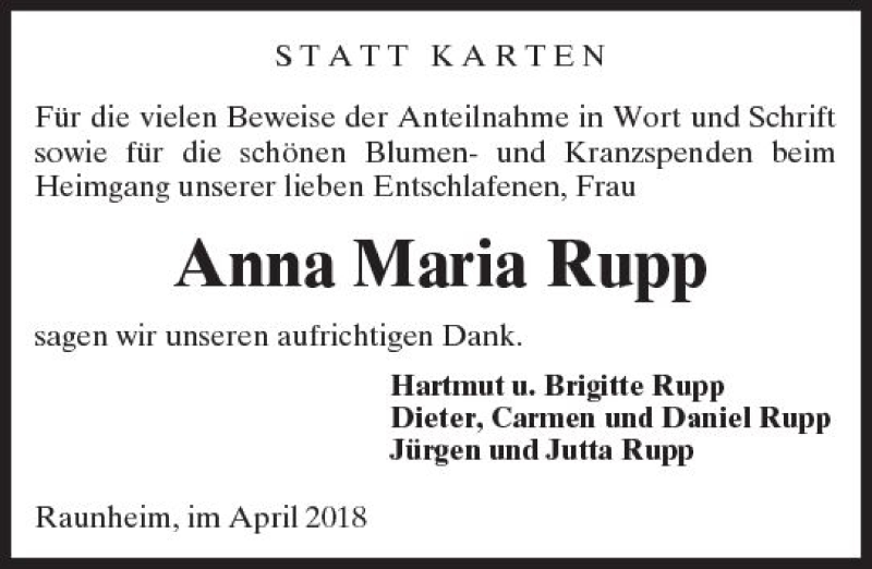  Traueranzeige für Anna Maria Rupp vom 14.04.2018 aus Trauerportal Rhein Main Presse