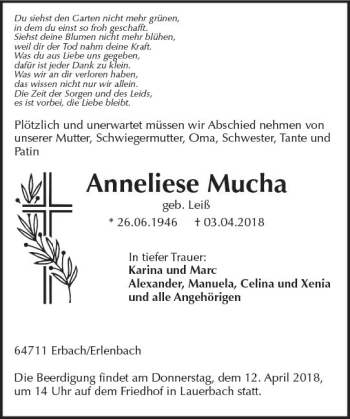 Traueranzeige von Anneliese Mucha von Trauerportal Rhein Main Presse