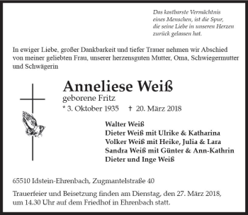 Traueranzeige von Anneliese Weiß von Trauerportal Rhein Main Presse