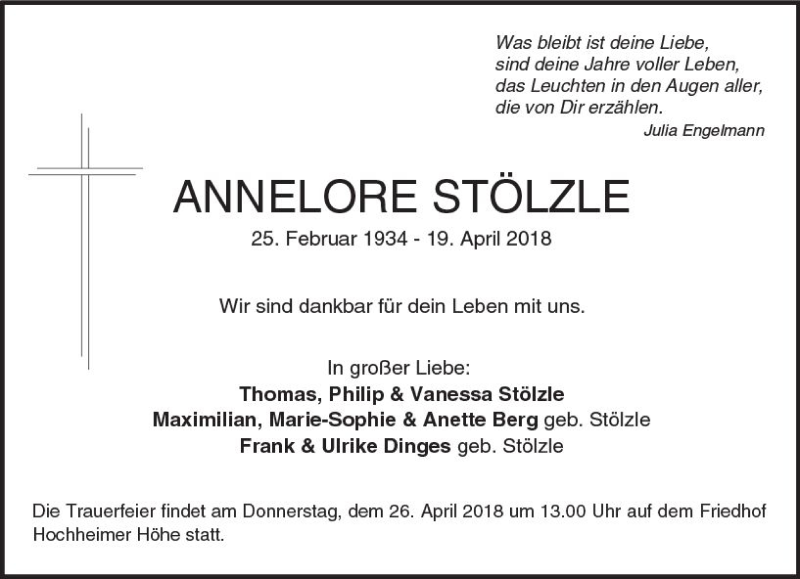  Traueranzeige für Annelore Stölzle vom 24.04.2018 aus Trauerportal Rhein Main Presse