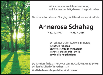 Traueranzeige von Annerose Schahag von Trauerportal Rhein Main Presse