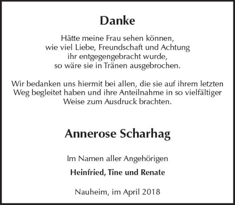  Traueranzeige für Annerose Scharhag vom 27.04.2018 aus Trauerportal Rhein Main Presse