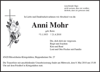 Traueranzeige von Anni Mohr von Trauerportal Rhein Main Presse