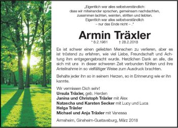 Traueranzeige von Armin Träxler von Trauerportal Rhein Main Presse
