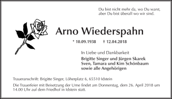 Traueranzeige von Arno Wiederspahn von Trauerportal Rhein Main Presse