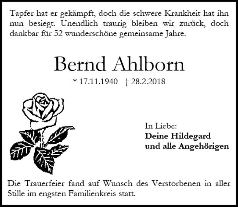  Traueranzeige für Bernd Ahlborn vom 07.04.2018 aus Trauerportal Rhein Main Presse