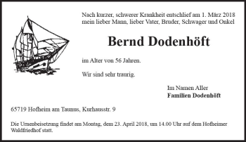 Traueranzeige von Bernd Dodenhöft von Trauerportal Rhein Main Presse