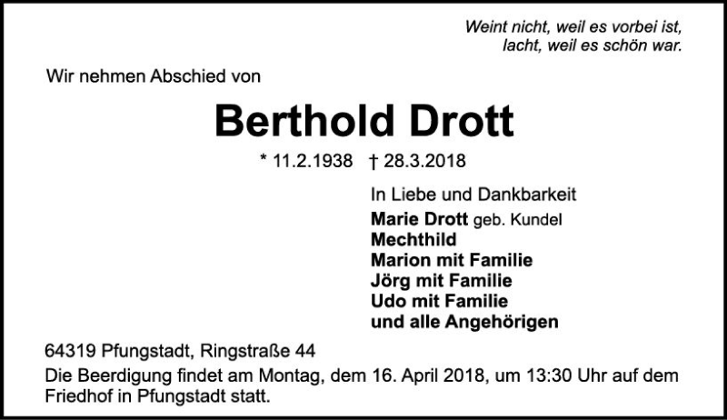  Traueranzeige für Berthold Drott vom 07.04.2018 aus Trauerportal Rhein Main Presse