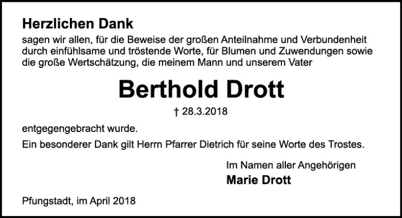  Traueranzeige für Berthold Drott vom 28.04.2018 aus Trauerportal Rhein Main Presse
