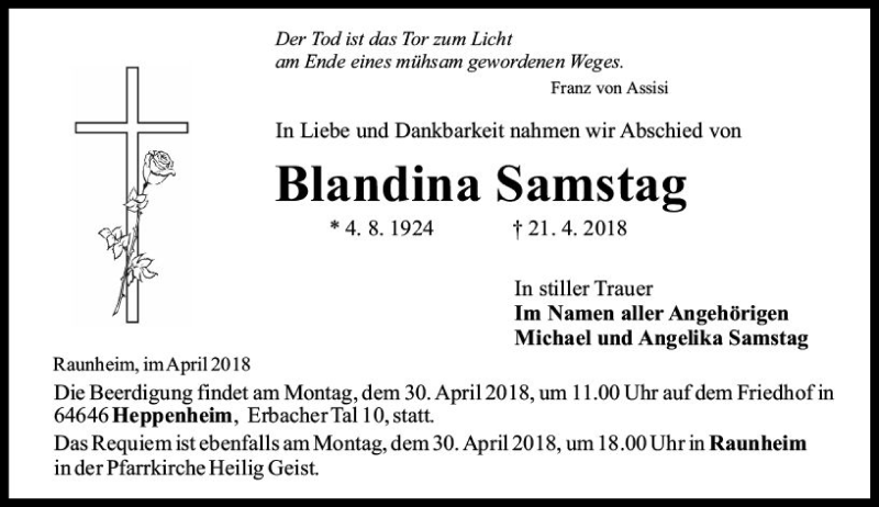  Traueranzeige für Blandina Samstag vom 25.04.2018 aus Trauerportal Rhein Main Presse