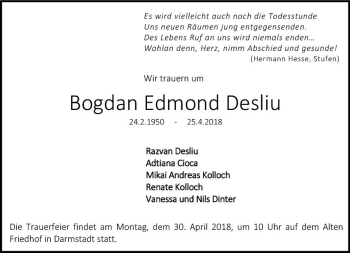Traueranzeige von Bogdan Edmond Desliu von Trauerportal Rhein Main Presse